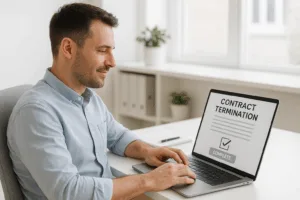 Postazione di lavoro in ufficio con laptop e persona in caso di disdetta dell'hosting