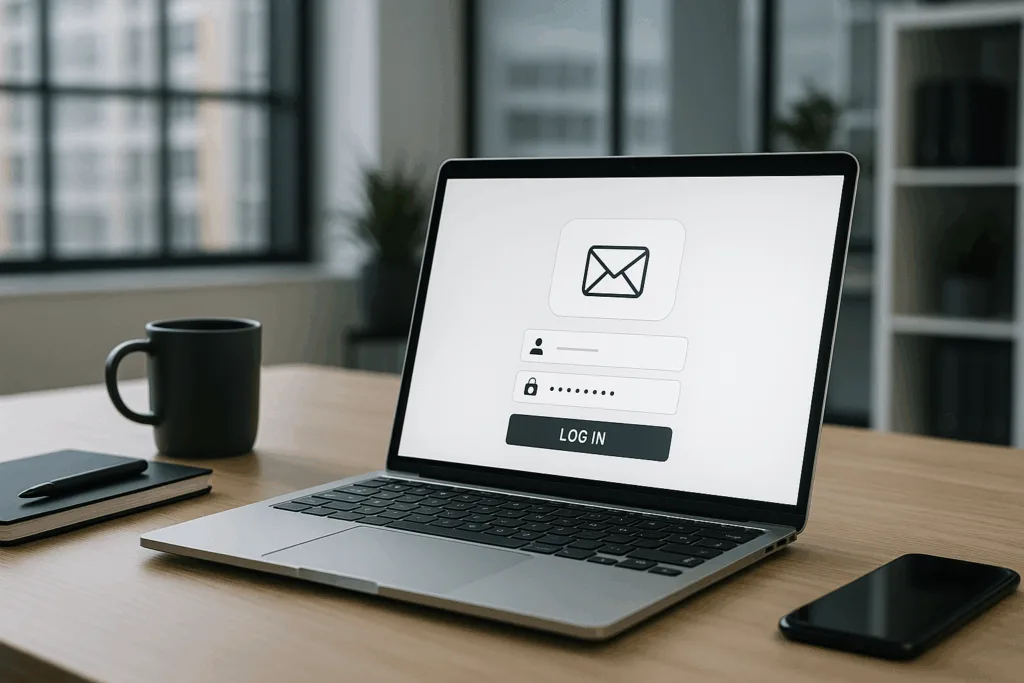 Modern working environment with laptop and website login window