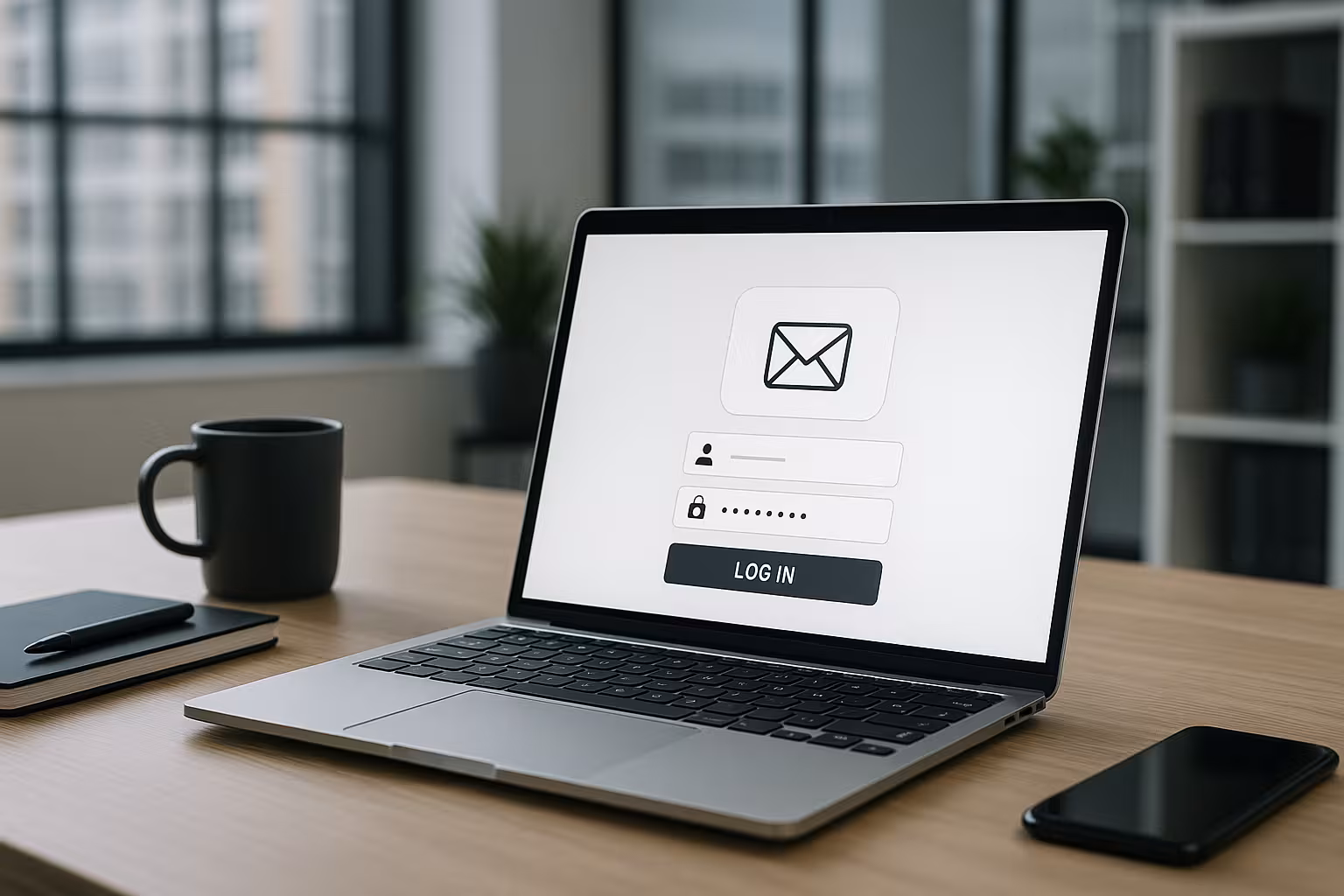 Moderni darbo aplinka su nešiojamuoju kompiuteriu ir svetainės prisijungimo langu