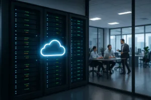 People working with a cloud solution in the modern office