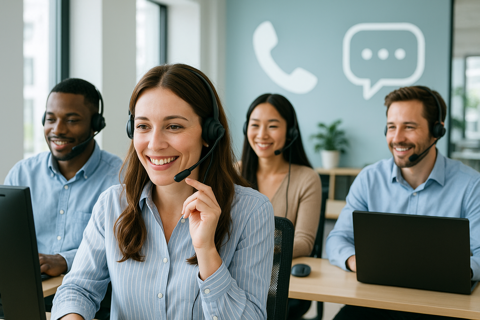 Kundtjänstteam hos en hostingleverantör som pratar med kunder