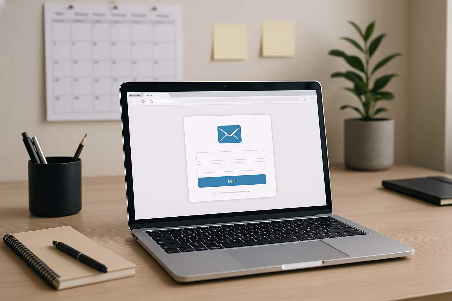 Darbo stalas su atvertu nešiojamuoju kompiuteriu ir prisijungimo prie IONOS internetinio pašto funkcija moderniame biure, verslo stilius