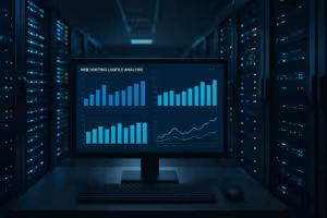 O painel de controlo mostra a análise do ficheiro de registo do alojamento web num monitor profissional