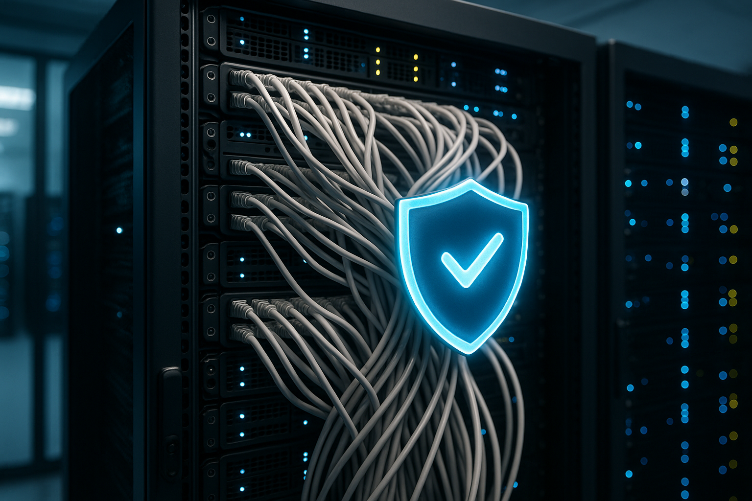 Hosting del proprio server di posta - sala server con simbolo dello scudo digitale