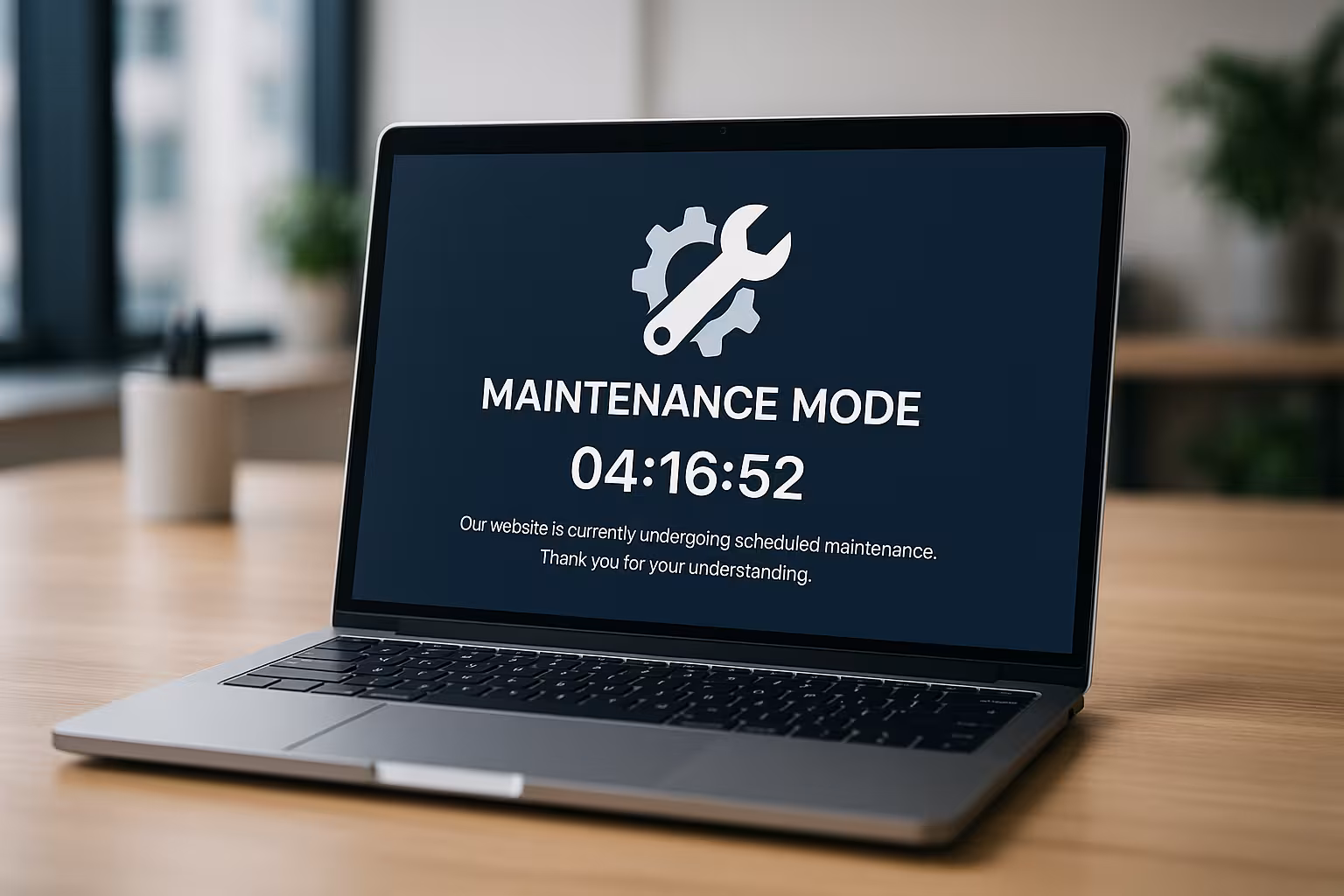 カウントダウンと通知テキストによるノートパソコンのメンテナンスモード