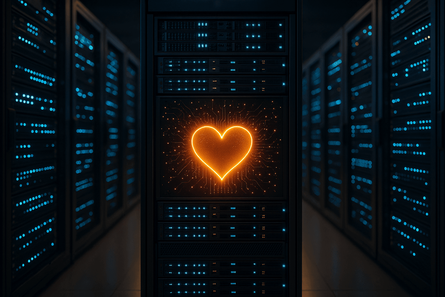 Nykyaikaiset palvelimet datakeskuksessa, jossa on abstrakti valaistus