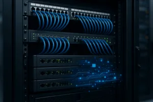 ネットワークセットアップ用のパッチパネルとケーブルを備えたサーバーラック