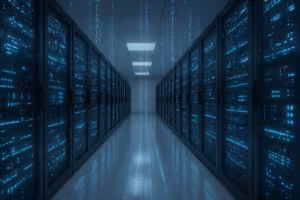 Sala server con rack di server incandescenti che rappresentano le prestazioni dei lavoratori PHP