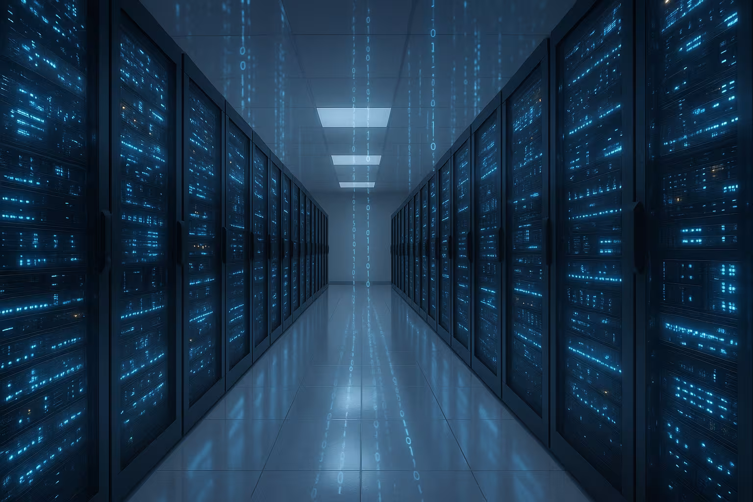 Cameră de servere cu rafturi de servere strălucitoare reprezentând performanța lucrătorilor PHP