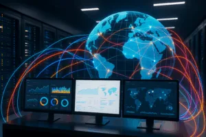 Centru de date modern cu infrastructură CDN în rețea și tablou de bord Plesk