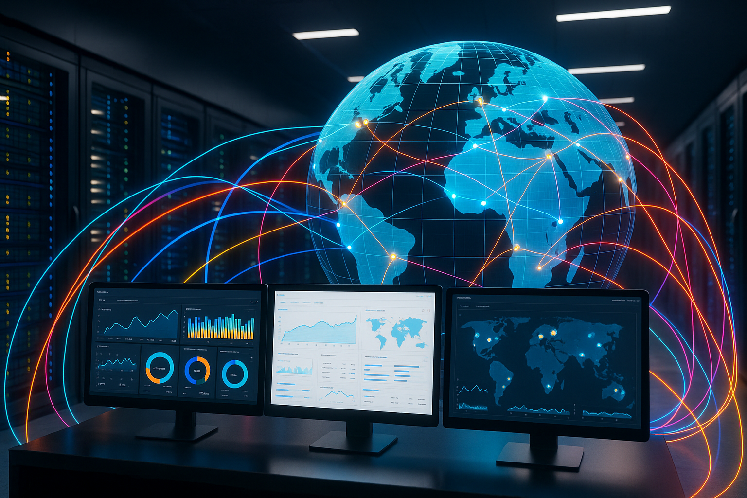 Centro dati moderno con infrastruttura CDN in rete e dashboard Plesk