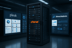 Logotipos de rack de servidor e painel de controle, infraestrutura de hospedagem moderna