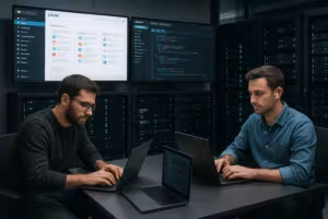 Estensioni Plesk nella moderna sala server: gli sviluppatori lavorano sui laptop