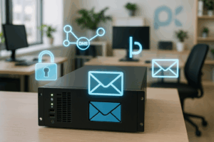 Fotorealistyczna scena IT z serwerem pocztowym Plesk i ikonami SPF, DKIM i DMARC