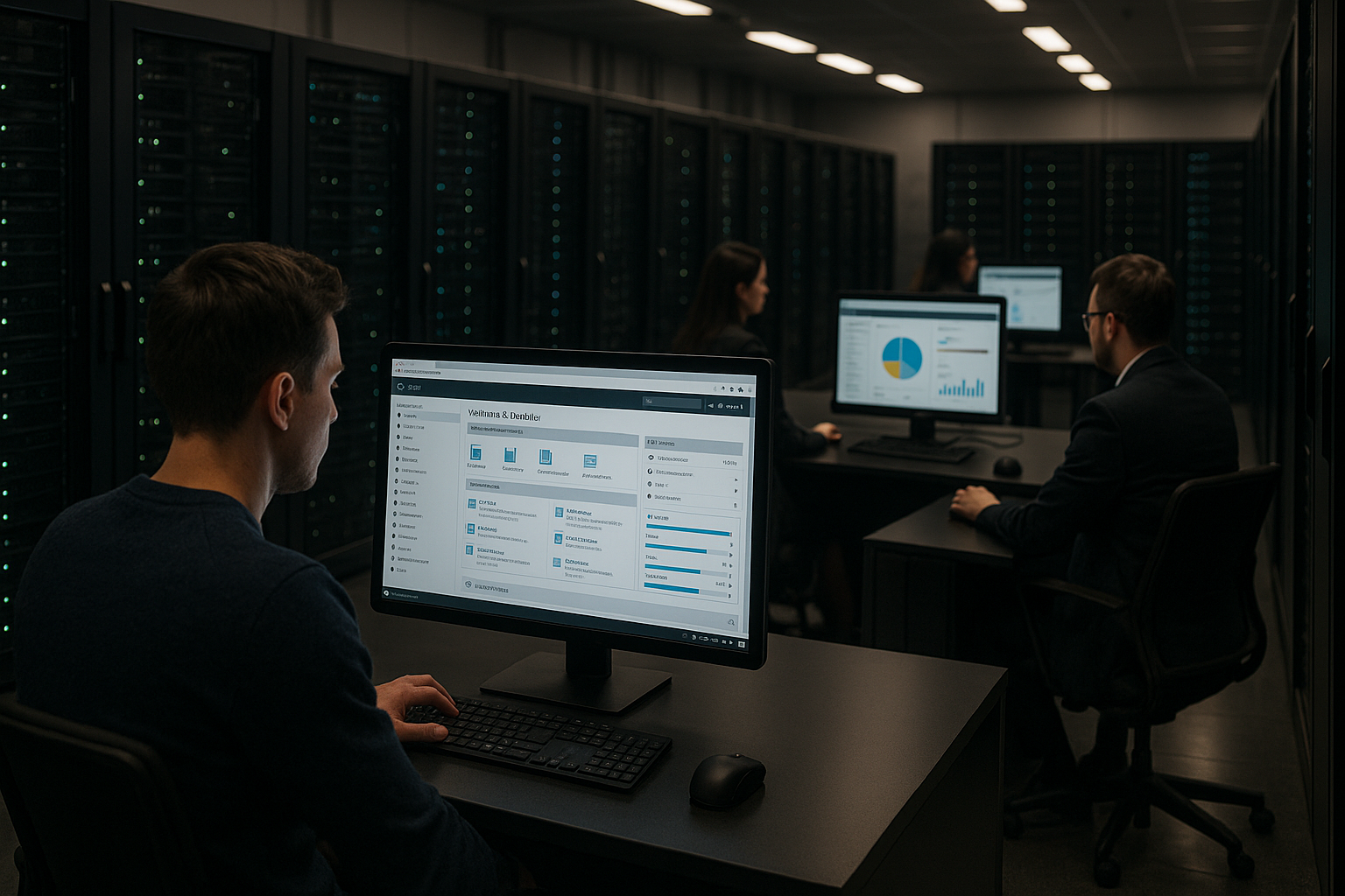 Sala server moderna con dashboard Plesk su monitor, attenzione alla sicurezza