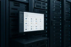 Fotorealistisk serverrack med åben skærm, Ubuntu og Plesk-kontrolpanel på toppen, moderne datacenter-look