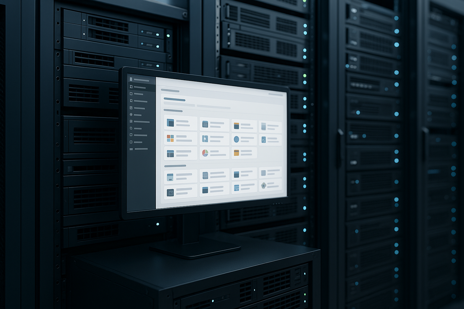 Rack di server fotorealistico con schermo aperto, pannello di controllo Ubuntu e Plesk sulla parte superiore, look da moderno data center