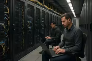 Modern data center for web hosting, developers on laptops, server racks