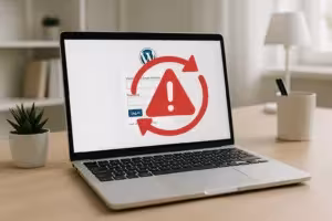 Ilustrație fotorealistă a unui laptop cu fereastră de autentificare WordPress și simbol de avertizare reprezentând o buclă de redirecționare