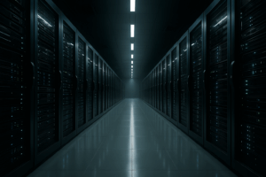 Sala server fotorealistica con server root moderni e luminosi