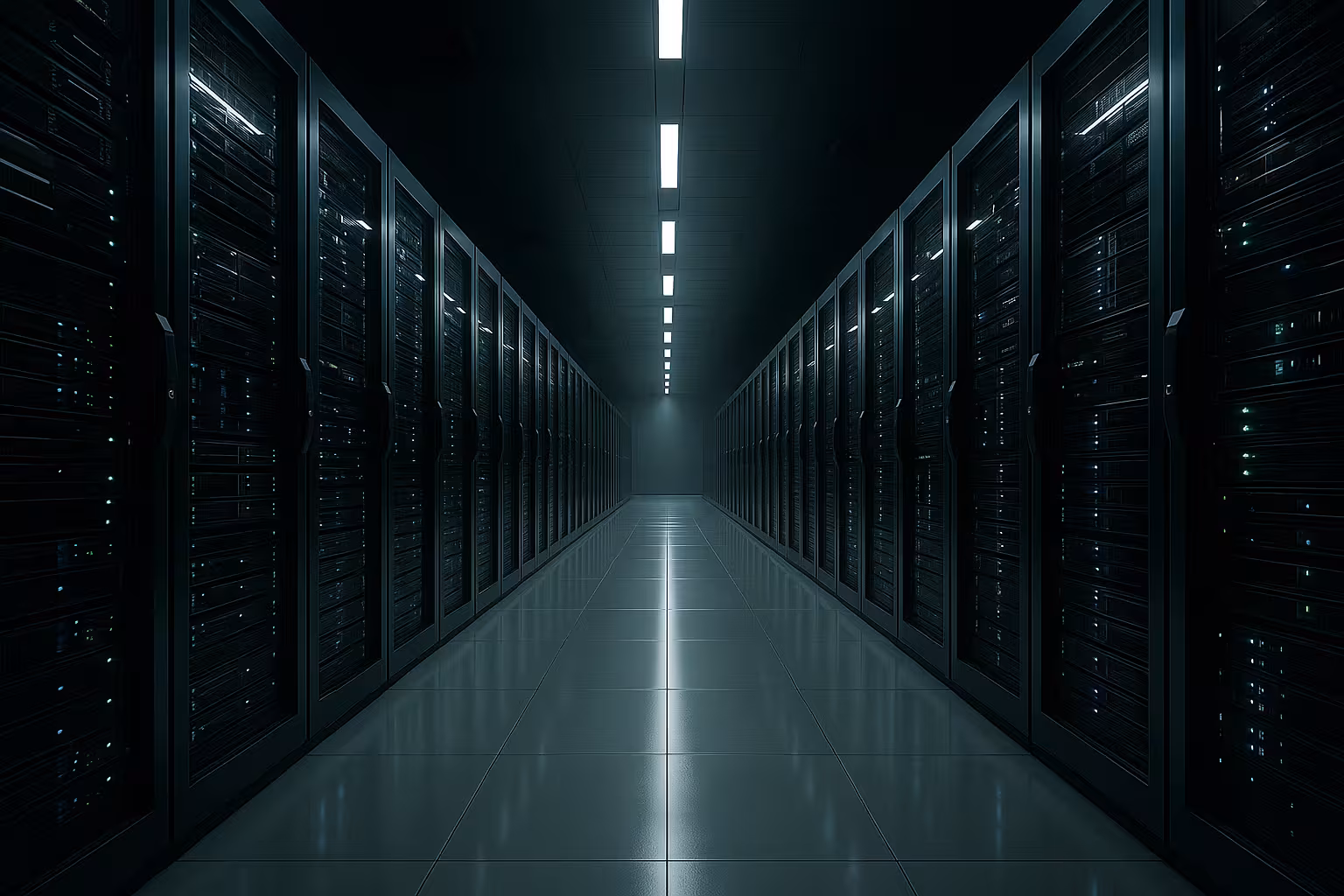 Sala de servidores fotorrealista com servidores de raiz modernos e brilhantes