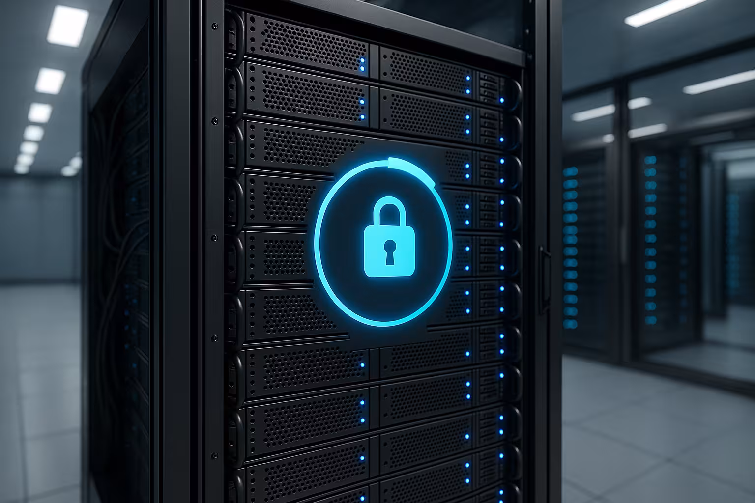 Server nel data center con processo di backup rsync in esecuzione