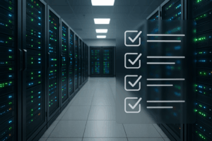 Palvelinhuone, jossa on nykyaikaista tekniikkaa, web hosting check ja SEO audit checklist, fotorealistinen