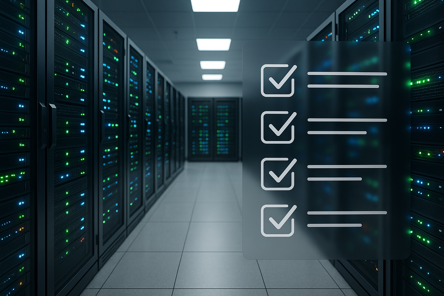 Cameră de servere cu tehnologie modernă, verificare găzduire web și listă de verificare audit SEO, fotorealist