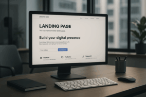Büro mit Computer und klar strukturierter Landingpage