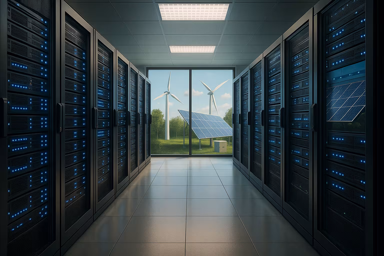 Sala de servidores moderna com soluções energéticas sustentáveis para fornecedores de alojamento, sem texto.