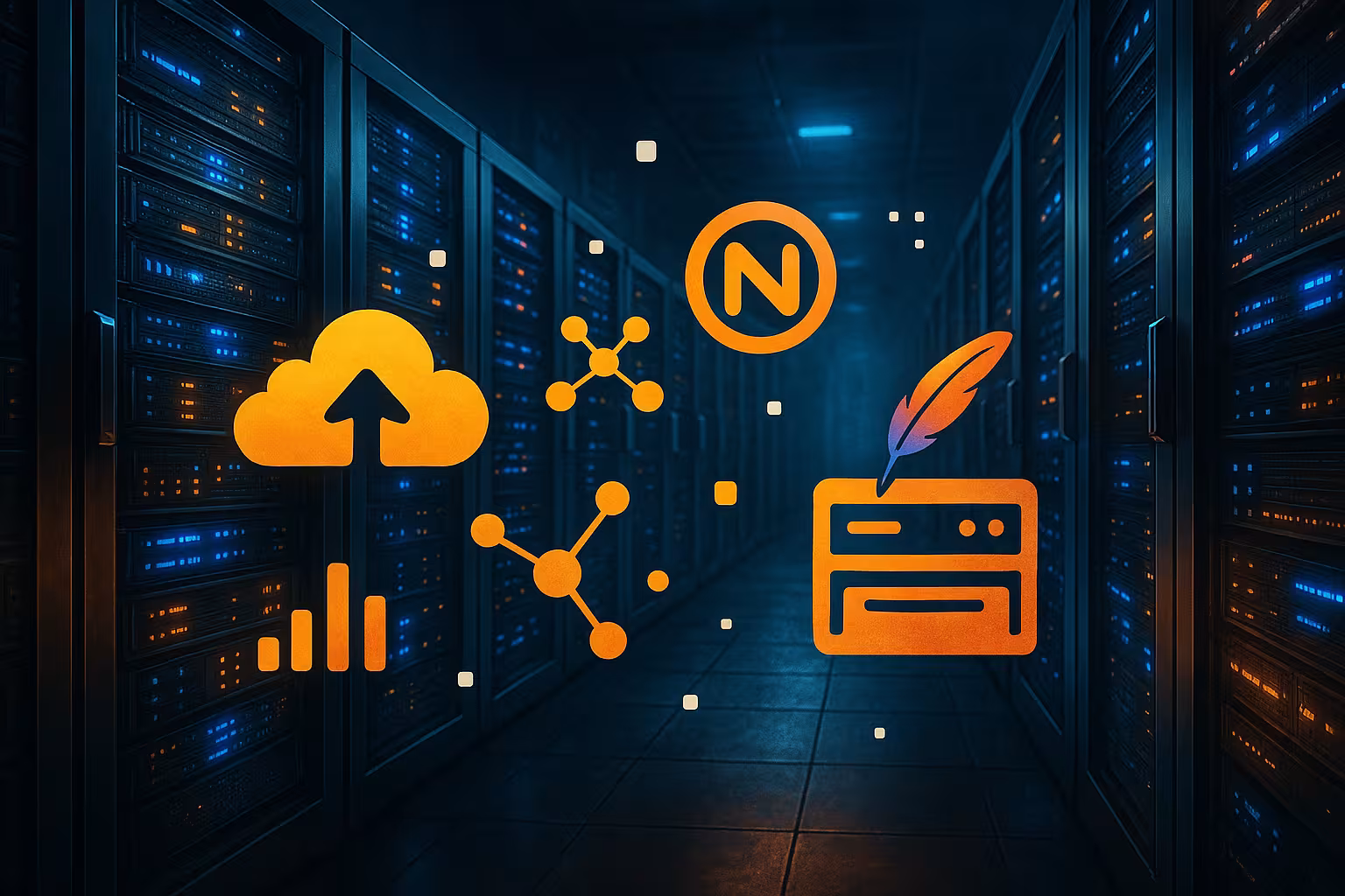 Server-side caching cu Nginx și Apache - cameră de server modernă cu icoane de server web