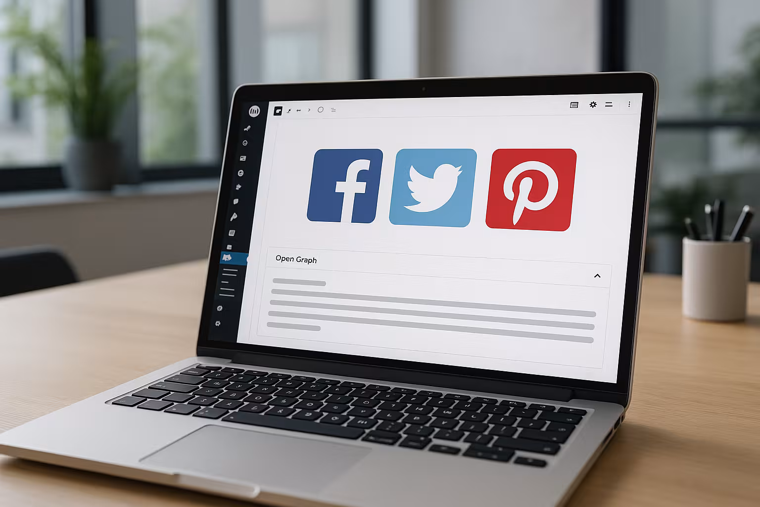 ノートパソコンにソーシャルメディアのプレビューとオープングラフのメタタグが表示されたWordPressエディターを表示