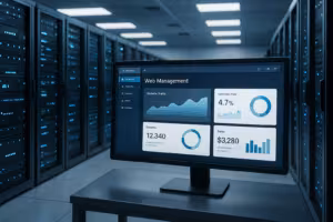 Serwerownia z nowoczesnym interfejsem użytkownika konsoli serwerowej Strato