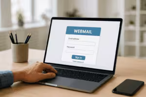 Strato Webmail bejelentkezés laptopon fényes környezetben, Office stílusban