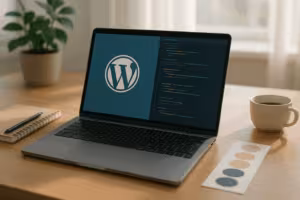 Escritorio con portátil y código WordPress abierto, fotorrealista