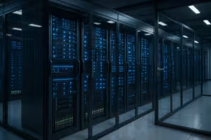 Nykyaikainen datakeskus, jossa on palvelintelineet ja valaistus