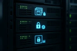 仮想サーバーを備えた最新のサーバーラックをフォトリアリスティックに表現