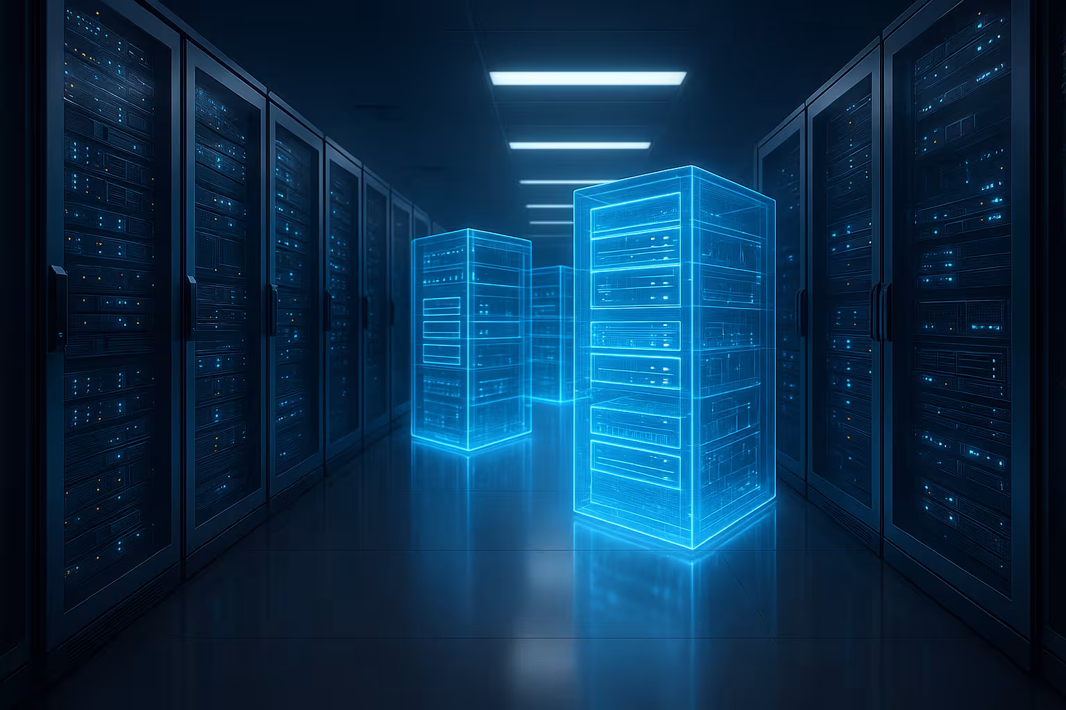 Imagine fotorealistă a unui centru de date modern cu servere virtuale