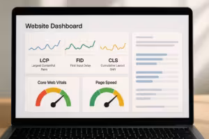 PageSpeedとCore Web Vitalsメトリクスのモダンなウェブサイトダッシュボード