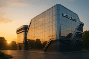 Modern adatközpont napfelkeltekor üveggel és zöldterületekkel