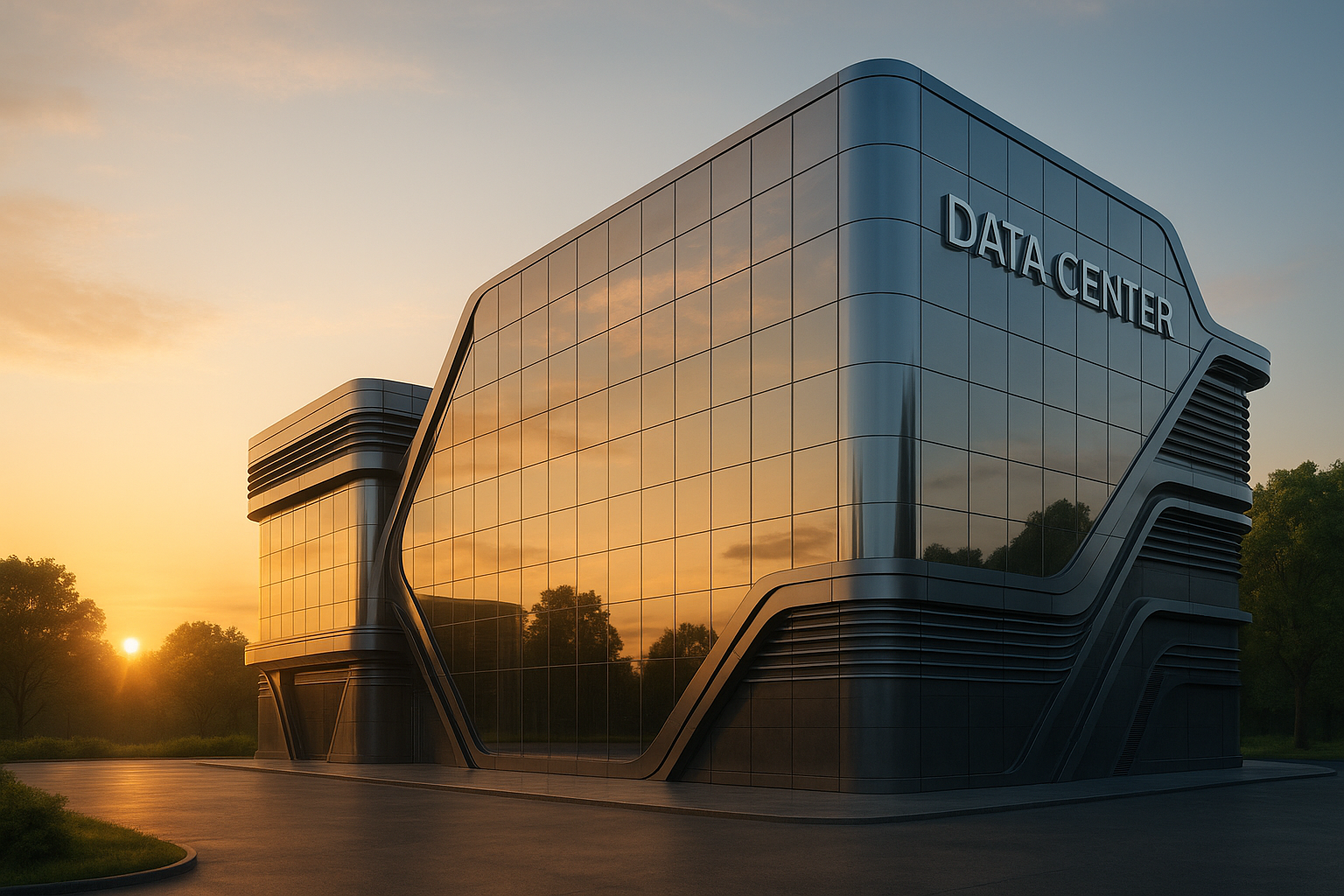 Centro de dados moderno ao nascer do sol com vidro e espaços verdes