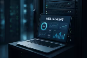 ウェブホスティングのダッシュボードとサーバーシェルフを背景にしたビジネスノートPC