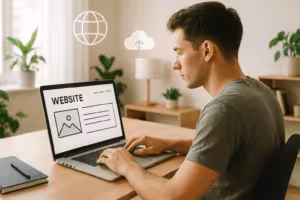Immagine fotorealistica: persona che crea un sito web su un computer portatile, studio moderno, icone di hosting