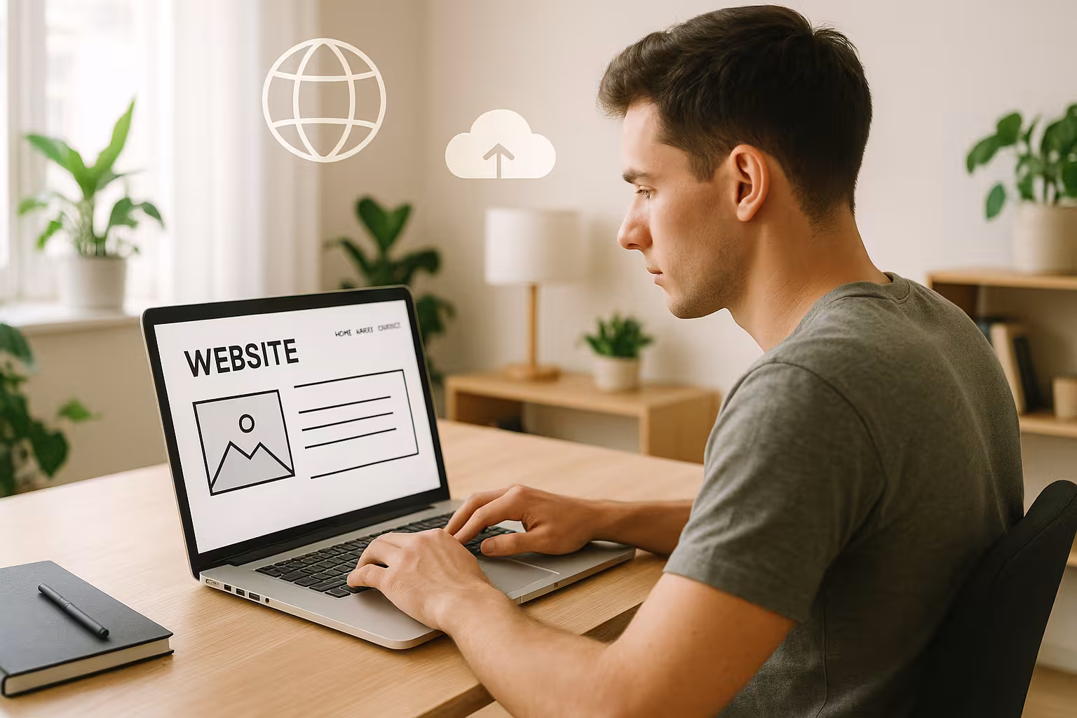 Fotorealistinen kuva: henkilö, joka luo verkkosivuston kannettavalla tietokoneella, moderni tutkimus, hosting-kuvakkeet.