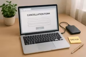 Sülearvuti koos tühistamisvormi ja kõvakettaga andmete varundamiseks töölaual