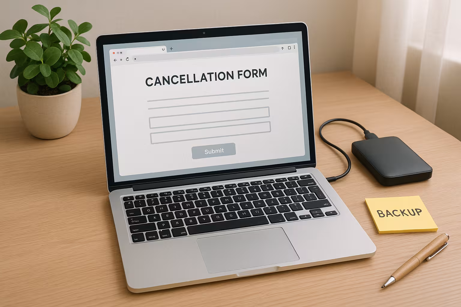 Laptop med avbeställningsblankett och hårddisk för säkerhetskopiering av data på skrivbordet