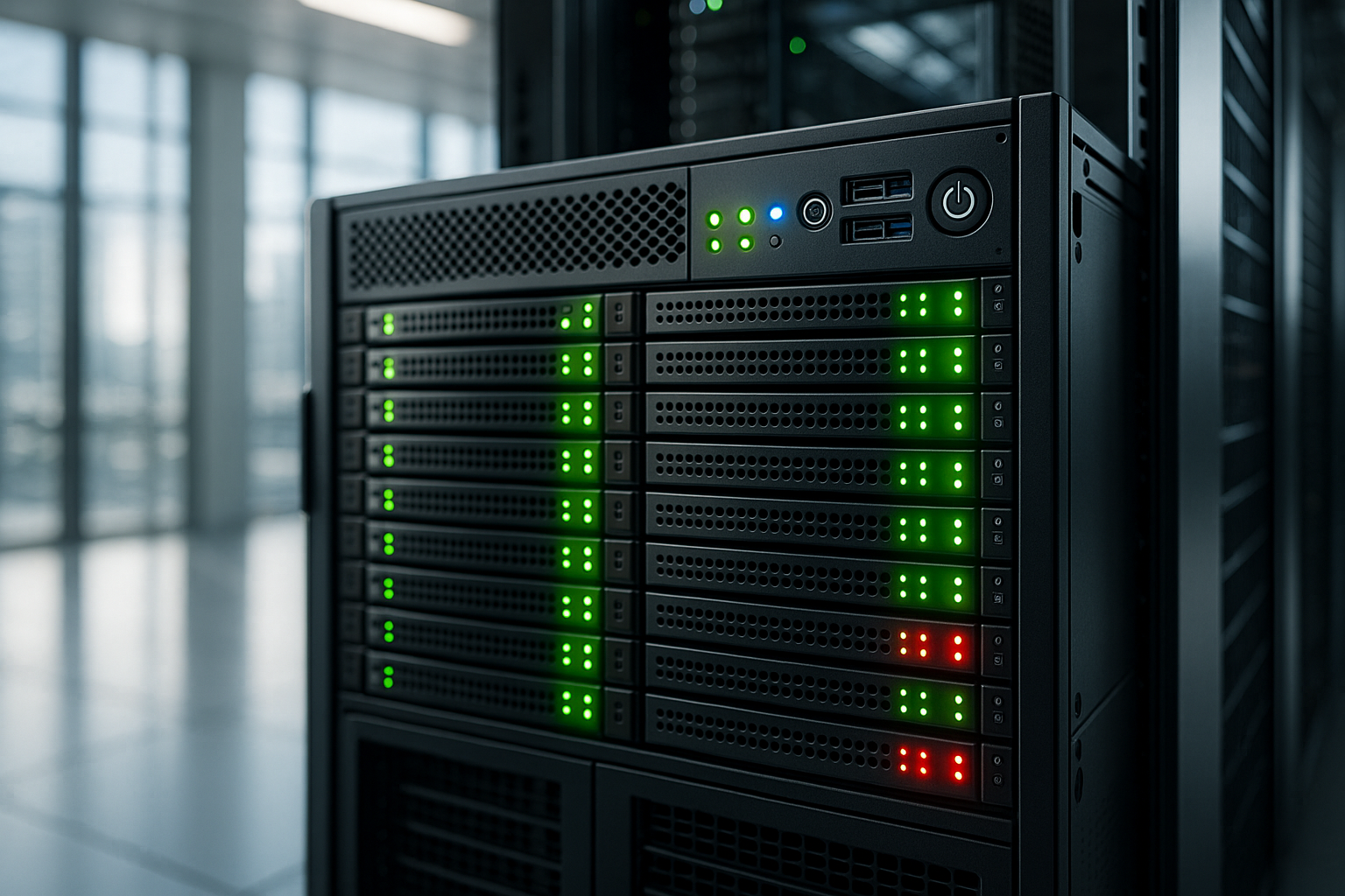 Ammattimainen verkkopalvelin datakeskuksessa, jossa on tekniikkaa