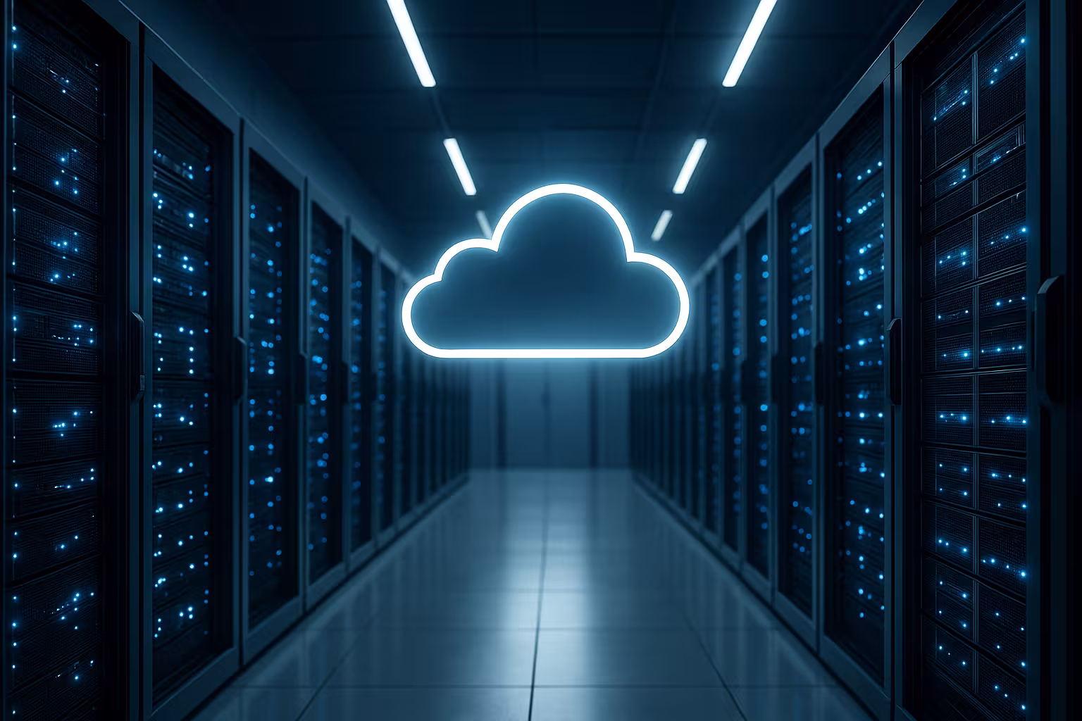 Centro de dados moderno com bastidores de servidores iluminados e nuvem digital