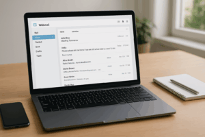Birou laptop cu interfață webmail, smartphone, blocnotes și lumină de zi