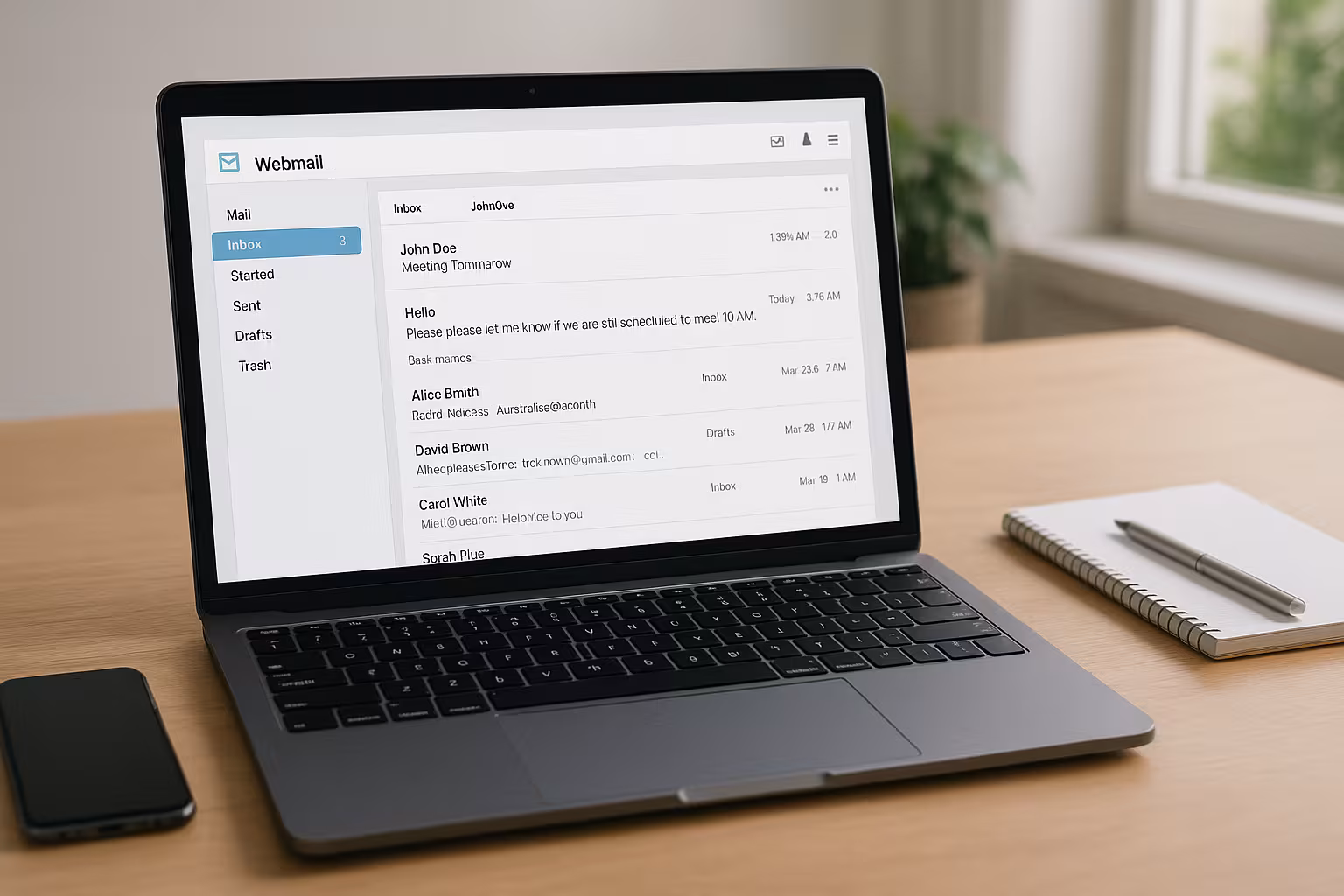 Nešiojamojo kompiuterio stalas su internetinio pašto sąsaja, išmanusis telefonas, užrašų knygutė ir dienos šviesa
